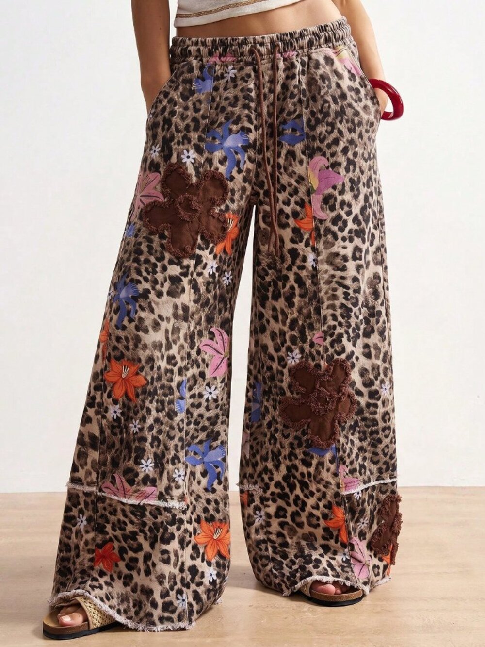 Khaki Casual Women's Vacation Boho Leopard Print Floral Wide Leg Long Pants
